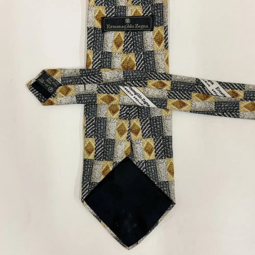 Ermenegildo Zegna Gray Gold Geometric Check Silk Tie Made in Italy Disegno
